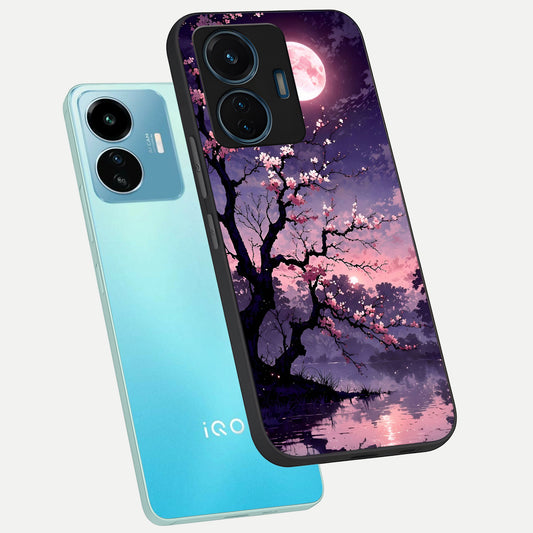  Blossom Pink Moon phone case For iQOO Z6 Lite 5G showing premium glass back cover with detailed artwork