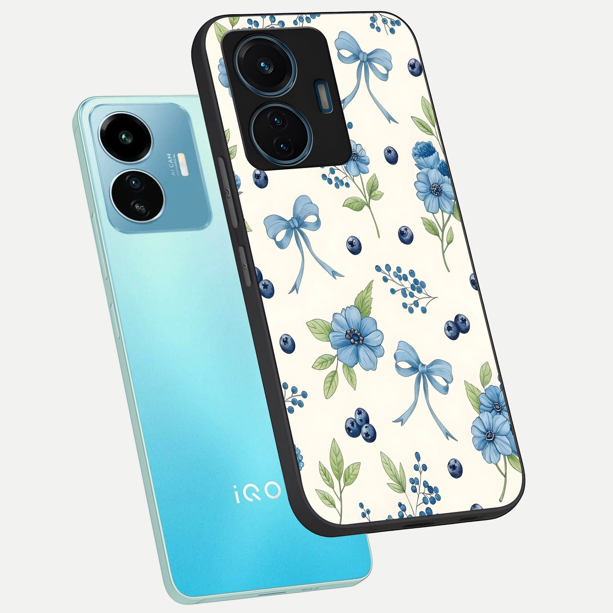  Blue Flower And Bow phone case For iQOO Z6 Lite 5G showing premium glass back cover with detailed artwork