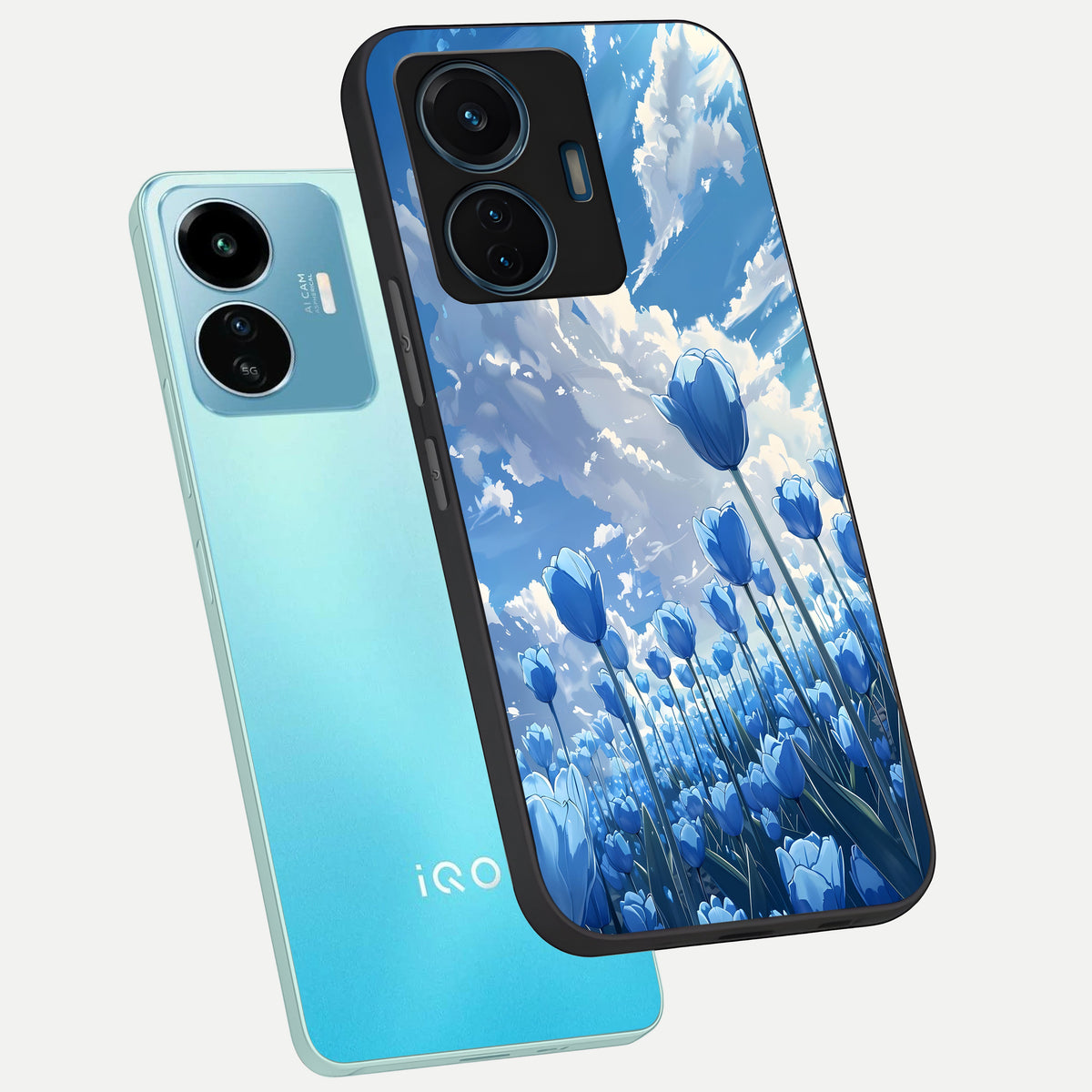  Blue Tulip Clouds phone case For iQOO Z6 Lite 5G showing premium glass back cover with detailed artwork