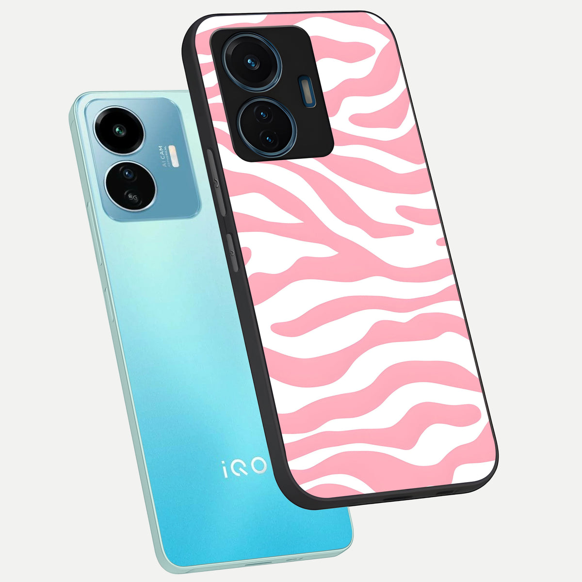  Blush Zebra Flow phone case For iQOO Z6 Lite 5G showing premium glass back cover with detailed artwork