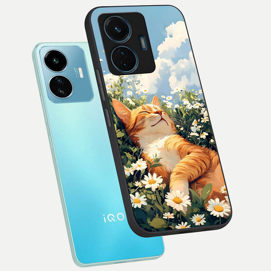  Cat And Flowers View phone case For iQOO Z6 Lite 5G showing premium glass back cover with detailed artwork
