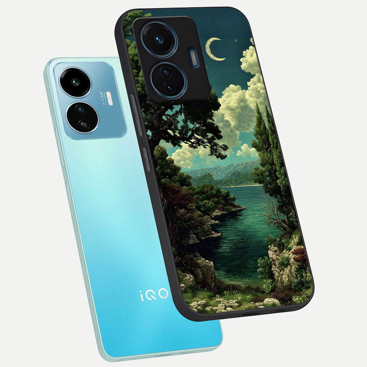  Celestial Lake Peace phone case For iQOO Z6 Lite 5G showing premium glass back cover with detailed artwork