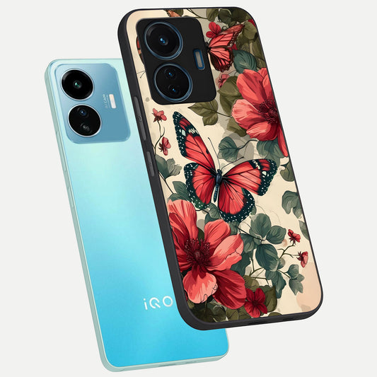  Crimson Butterfly Garden phone case For iQOO Z6 Lite 5G showing premium glass back cover with detailed artwork