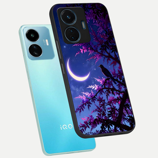  Crow And Moon Scenery phone case For iQOO Z6 Lite 5G showing premium glass back cover with detailed artwork