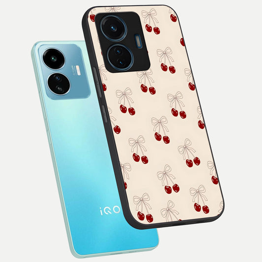  Cute Cherry Pattern phone case For iQOO Z6 Lite 5G showing premium glass back cover with detailed artwork