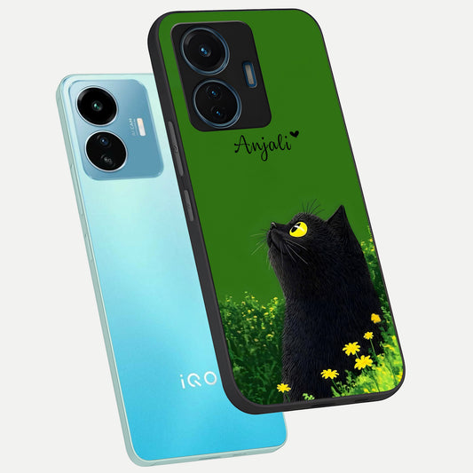  Emerald Cat Custom Name phone case For iQOO Z6 Lite 5G showing premium glass back cover with detailed artwork