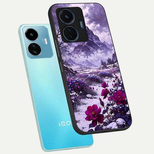  Flower Mountain View phone case For iQOO Z6 Lite 5G showing premium glass back cover with detailed artwork