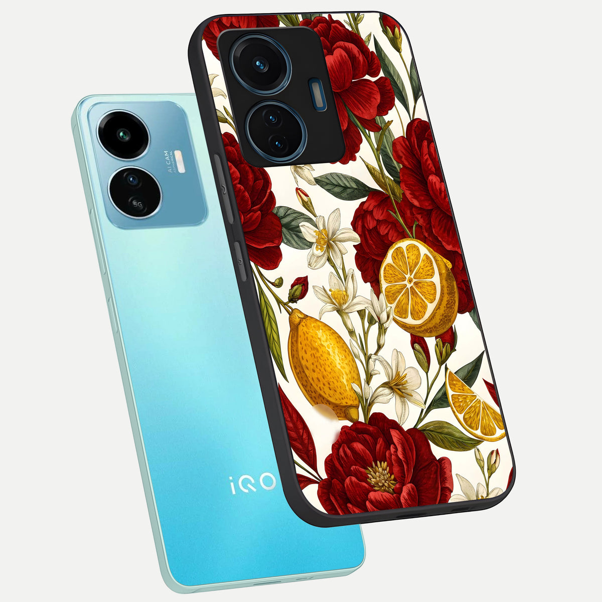  Lemon Rose Charm phone case For iQOO Z6 Lite 5G showing premium glass back cover with detailed artwork