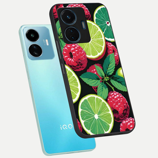  Lime and Raspberry Pattern phone case For iQOO Z6 Lite 5G showing premium glass back cover with detailed artwork