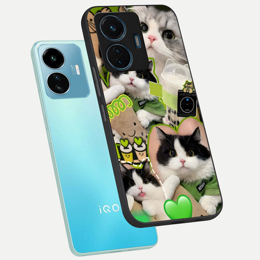  Matcha Cats Mood phone case For iQOO Z6 Lite 5G showing premium glass back cover with detailed artwork