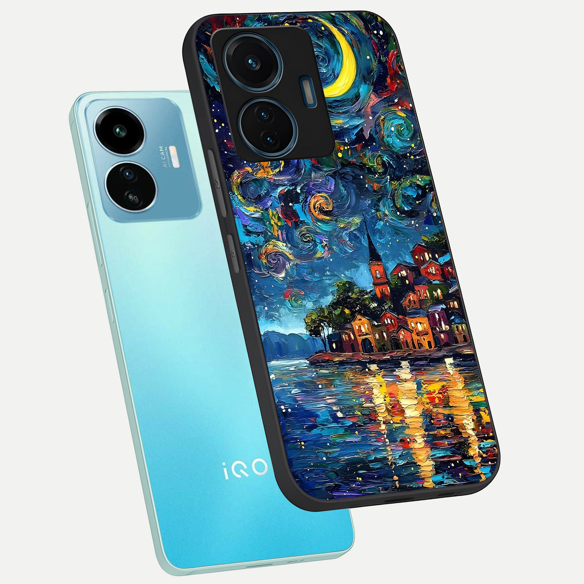  Moonlight Harbor Glow phone case For iQOO Z6 Lite 5G showing premium glass back cover with detailed artwork