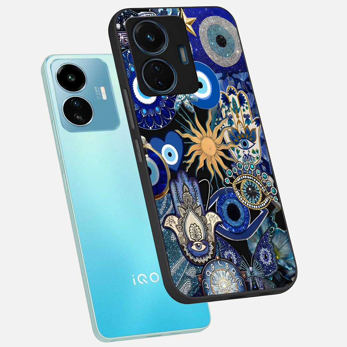  Mystic Blue Evil Eye phone case For iQOO Z6 Lite 5G showing premium glass back cover with detailed artwork