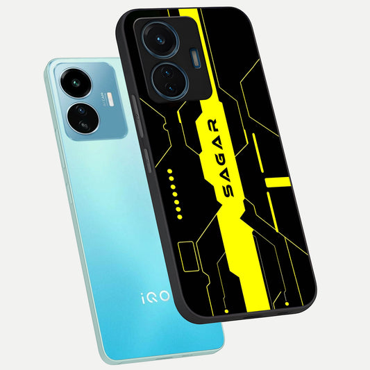  Neon CYBERPUNK Custom Name phone case For iQOO Z6 Lite 5G showing premium glass back cover with detailed artwork