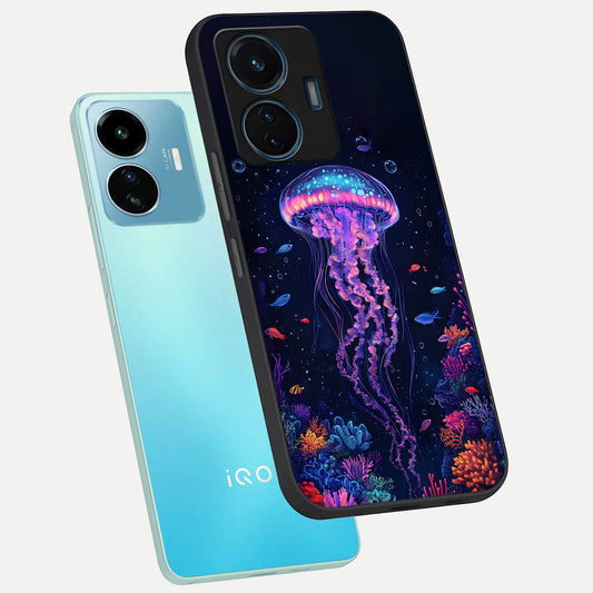  Neon Jellyfish phone case For iQOO Z6 Lite 5G showing premium glass back cover with detailed artwork