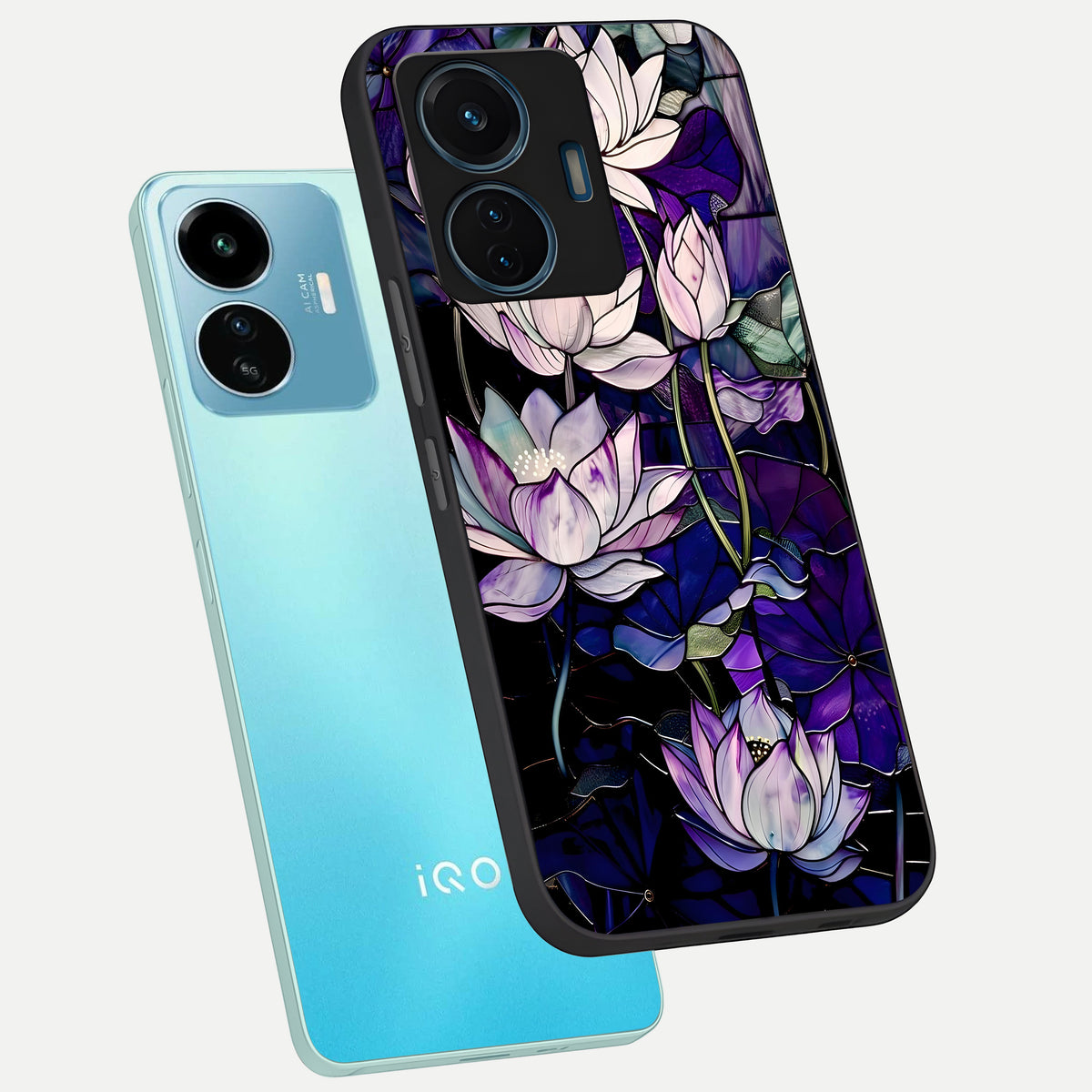  Purple Lotus Pattern phone case For iQOO Z6 Lite 5G showing premium glass back cover with detailed artwork