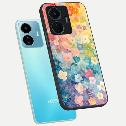  Rainbow Blossom Burst phone case For iQOO Z6 Lite 5G showing premium glass back cover with detailed artwork