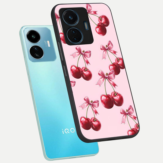  Red Cherries Pattern phone case For iQOO Z6 Lite 5G showing premium glass back cover with detailed artwork