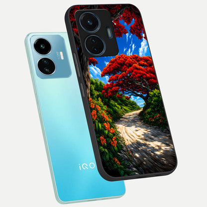  Red Trees Pathway phone case For iQOO Z6 Lite 5G showing premium glass back cover with detailed artwork