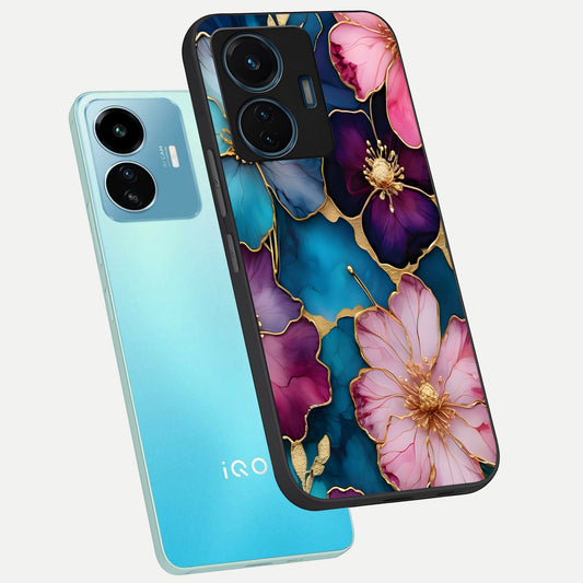  Sparkle Floral phone case For iQOO Z6 Lite 5G showing premium glass back cover with detailed artwork