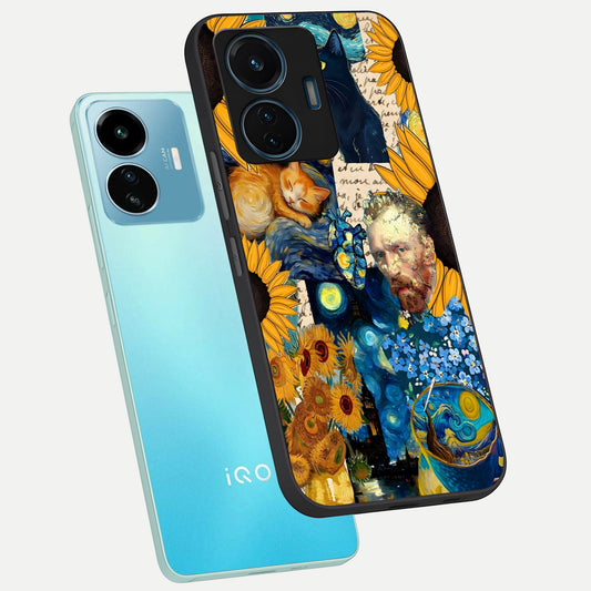 Sunflower Chic Mood Custom Name phone case For iQOO Z6 Lite 5G showing premium glass back cover with detailed artwork