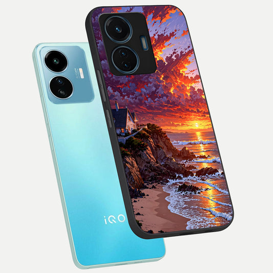  Sunset House By Sea phone case For iQOO Z6 Lite 5G showing premium glass back cover with detailed artwork