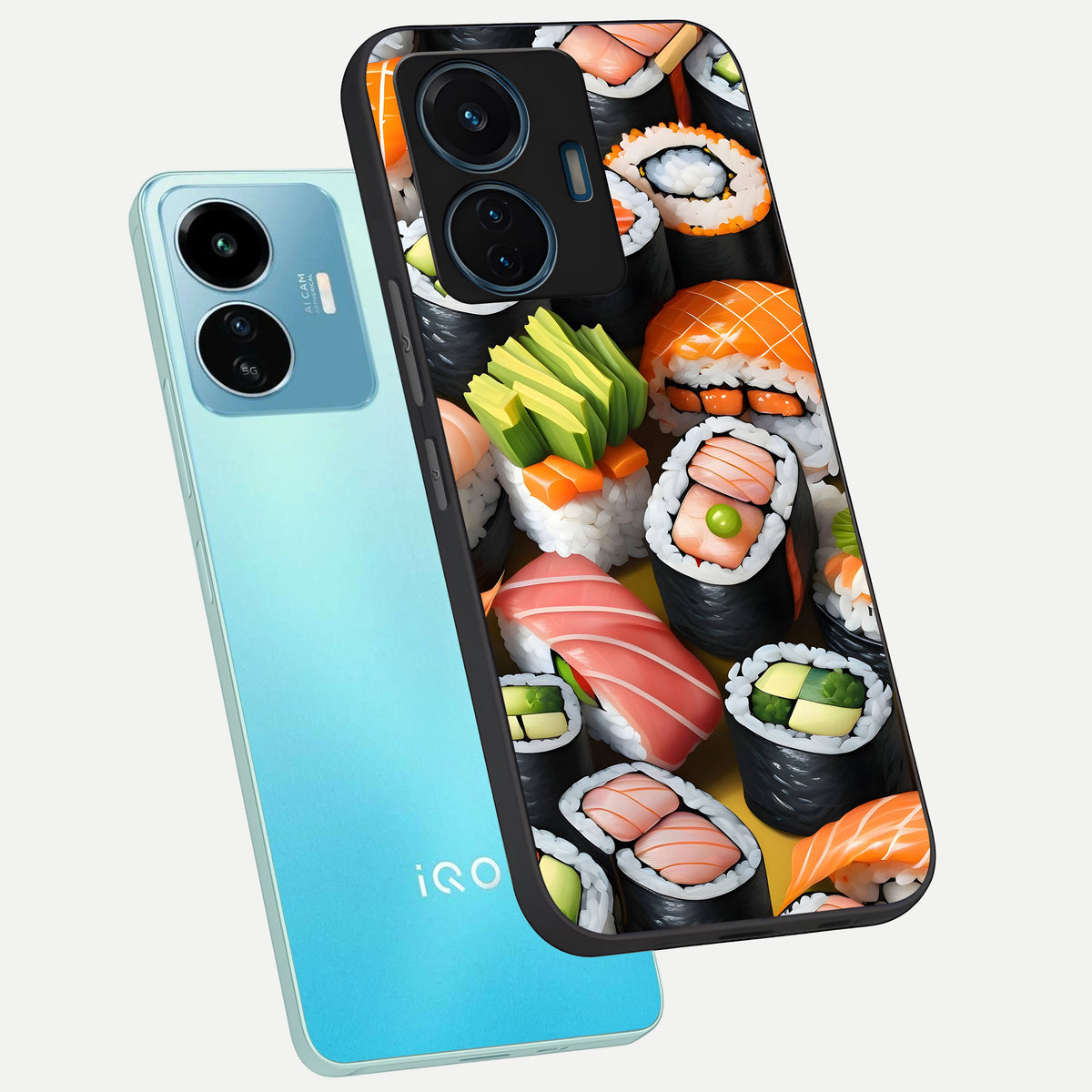  Sushi Food Pattern phone case For iQOO Z6 Lite 5G showing premium glass back cover with detailed artwork
