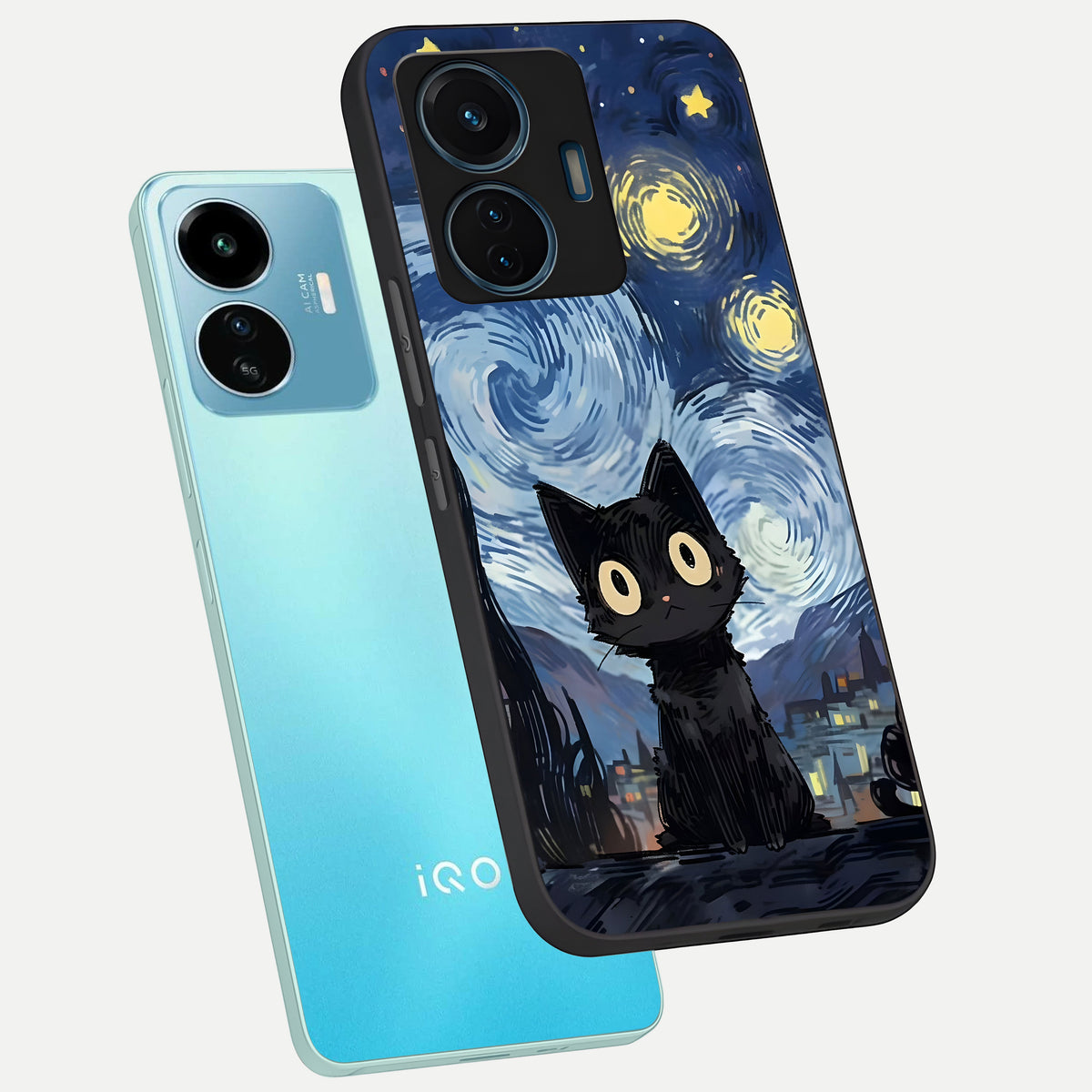  Van Gogh Cat phone case For iQOO Z6 Lite 5G showing premium glass back cover with detailed artwork