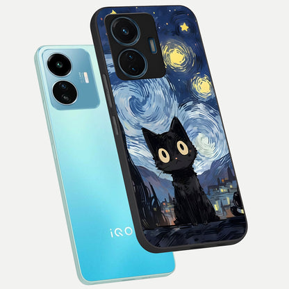  Van Gogh Cat phone case For iQOO Z6 Lite 5G showing premium glass back cover with detailed artwork