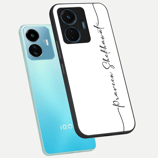  White Tune Custom Name phone case For iQOO Z6 Lite 5G showing premium custom name glass back cover