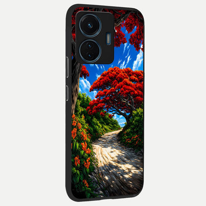  Red Trees Pathway back cover For iQOO Z6 Lite 5G slim fit glass case with vibrant aesthetic design
