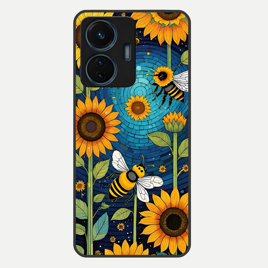  Bees And Sunflowers Glass Case For iQOO Z6 Lite 5G back cover – full design glossy printed glass finish