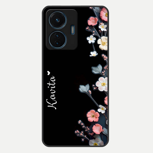  Black Elegance Floral Custom Name Glass Case For iQOO Z6 Lite 5G back cover – full design glossy printed glass finish