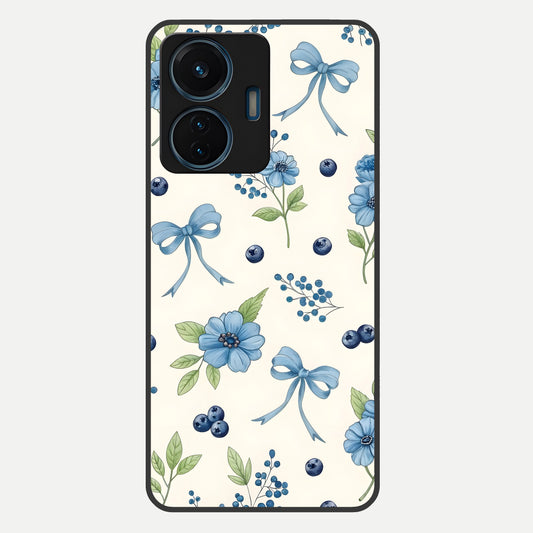  Blue Flower And Bow Glass Case For iQOO Z6 Lite 5G back cover – full design glossy printed glass finish