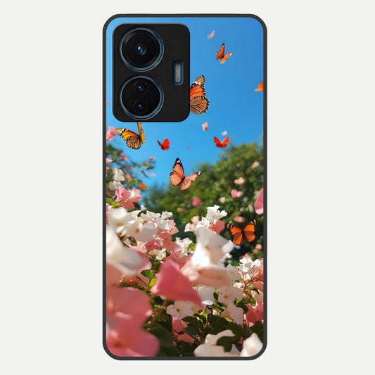  Butterflies In Bloom Sky Glass Case For iQOO Z6 Lite 5G back cover – full design glossy printed glass finish