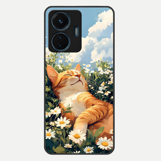  Cat And Flowers View Glass Case For iQOO Z6 Lite 5G back cover – full design glossy printed glass finish