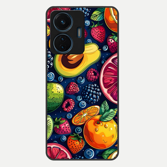  Cute Fruits Art Glass Case For iQOO Z6 Lite 5G back cover – full design glossy printed glass finish