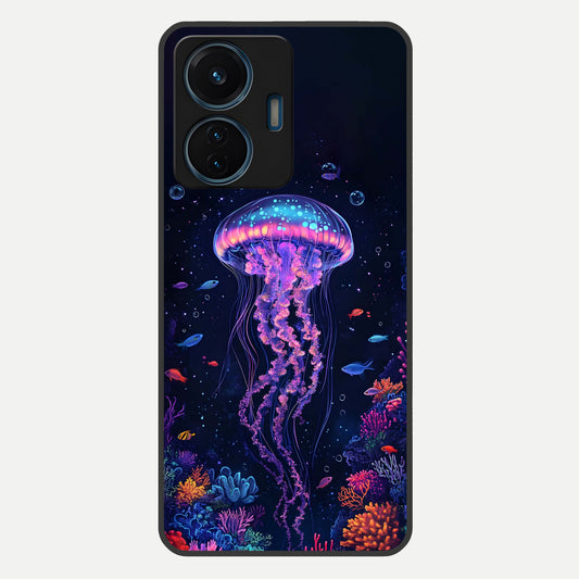  Neon Jellyfish Glass Case For iQOO Z6 Lite 5G back cover – full design glossy printed glass finish