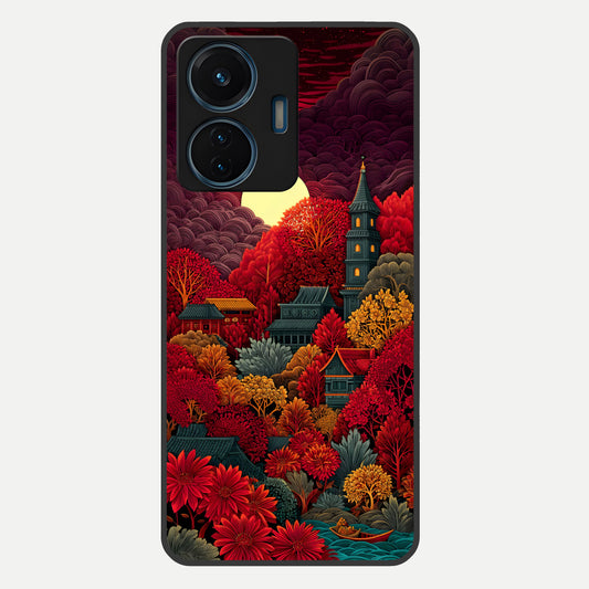  Scarlet Autumn Temple Glass Case For iQOO Z6 Lite 5G back cover – full design glossy printed glass finish