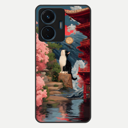  Temple Cat Scenery Glass Case For iQOO Z6 Lite 5G back cover – full design glossy printed glass finish