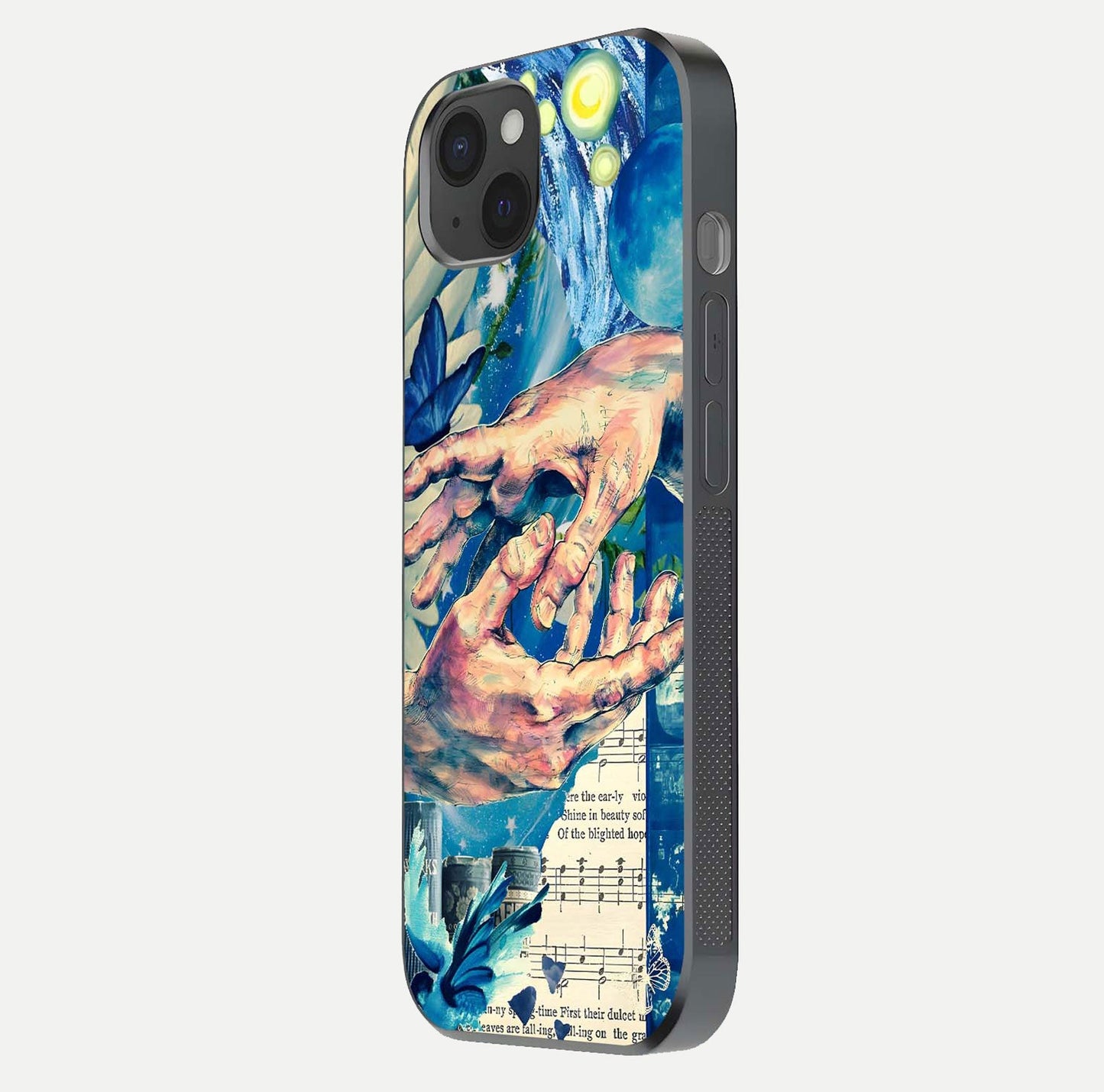 Aesthetic Divider Glass Case for iPhone 15 Plus side-angle image showing divider pattern print, camera module, and glossy finish reflection