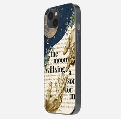 Aesthetic Divine Glass Case for iPhone 15 Plus side-angle image showing divine abstract design, camera module, and glossy finish reflection