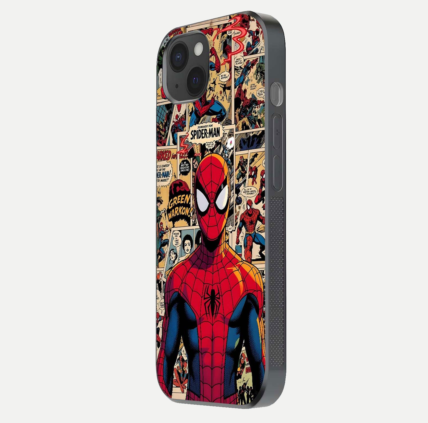 Aesthetic Spider Man Glass Case for iPhone 15 Plus side-angle image showing superhero comic print, camera module, and glossy finish reflection