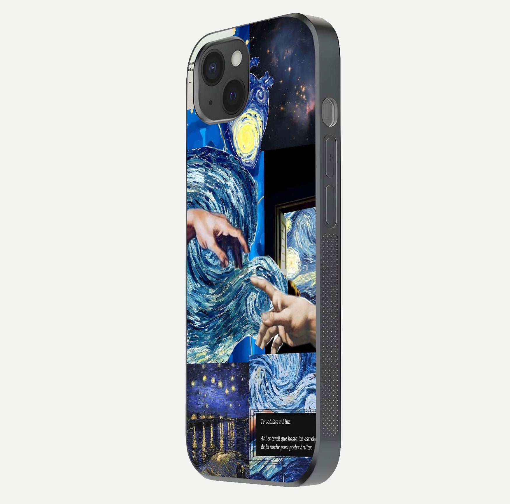 Aesthetic Vando Hands Glass Case for iPhone 15 Plus side-angle image showcasing hand design, protective edges, and gloss texture