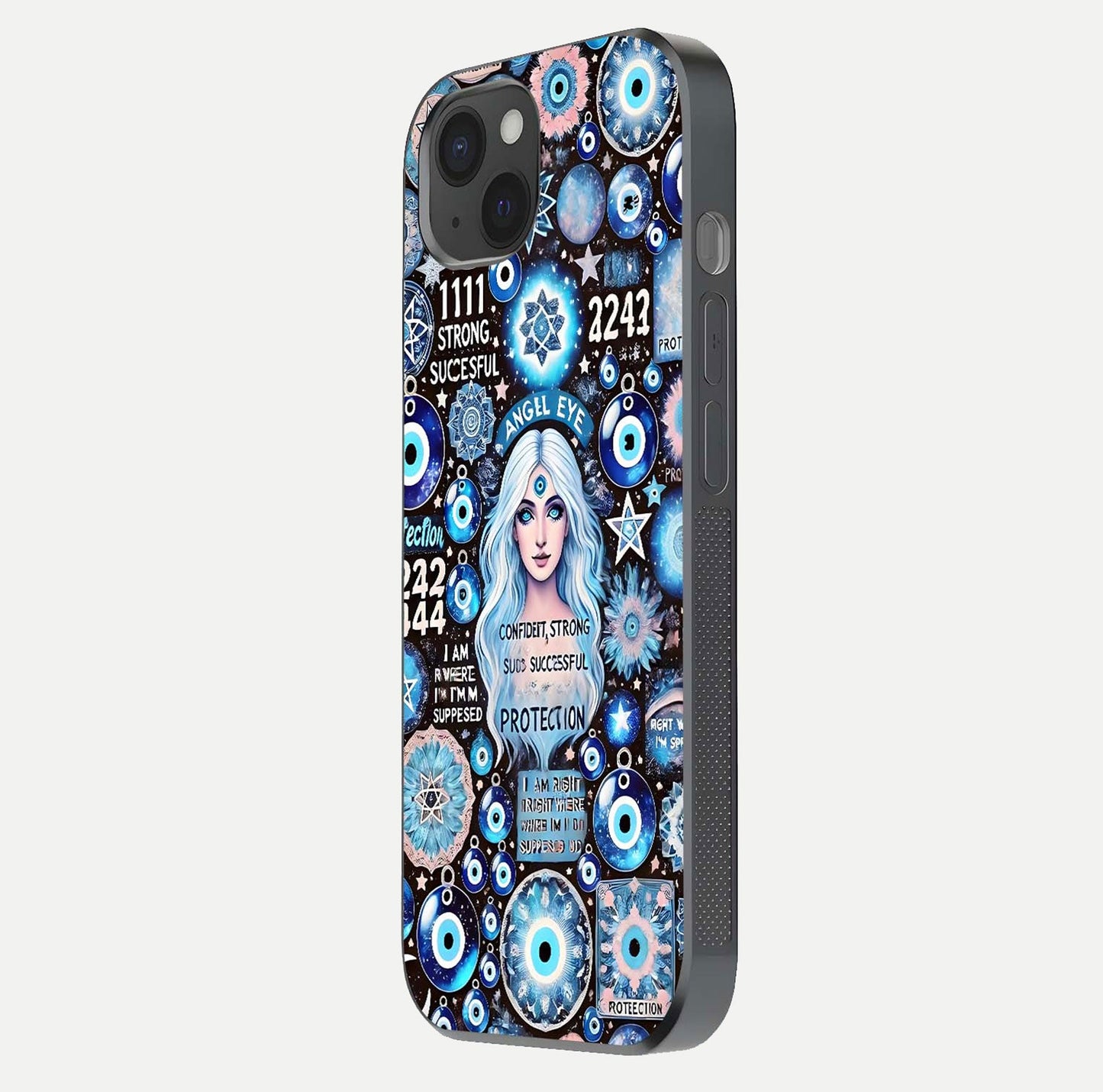 Angel Aura Shield Glass Case for iPhone 15 Plus side-angle photo showcasing aura details and glossy surface reflection