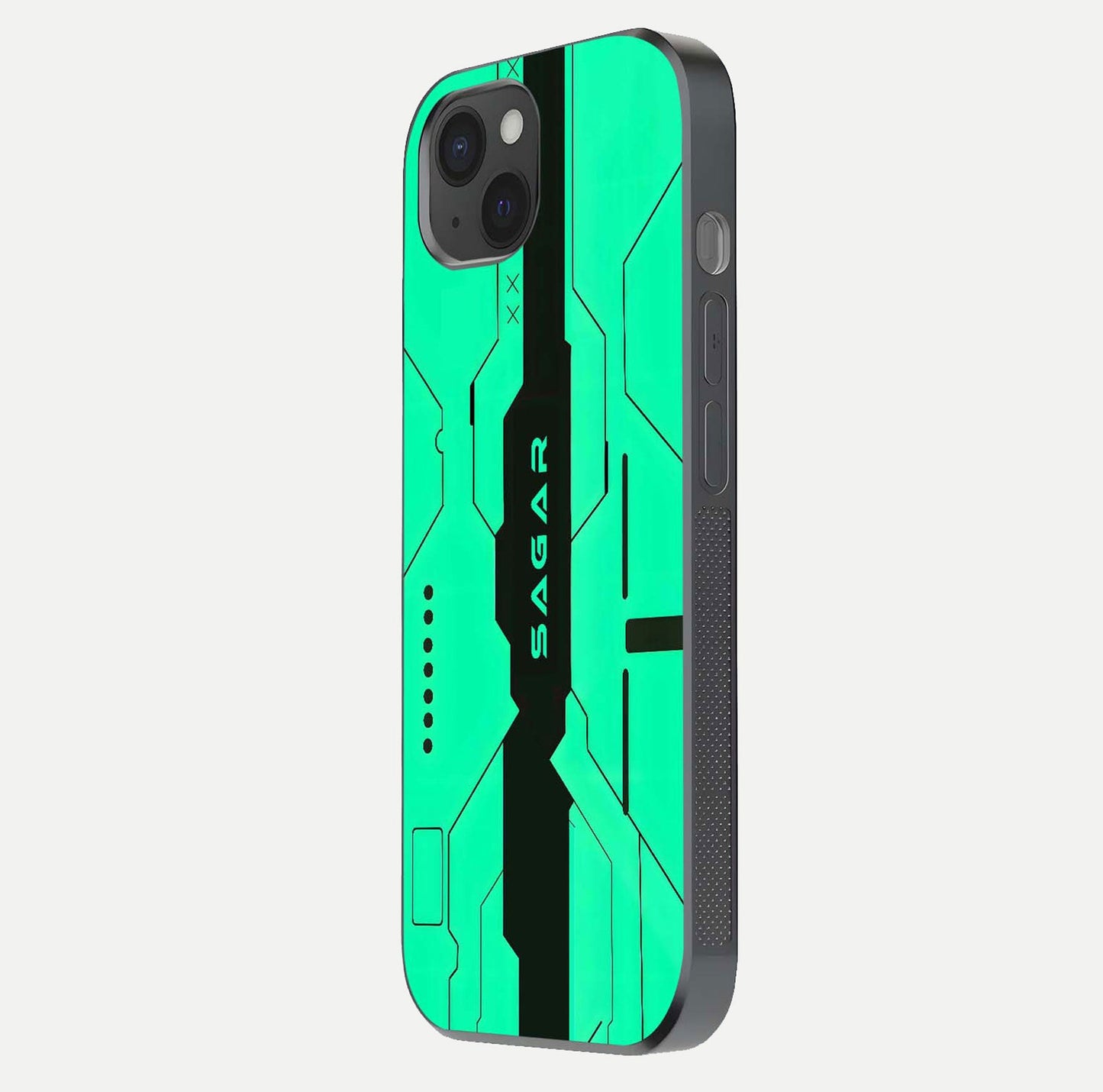 Aqua Tech CYBERPUNK Custom Name Glass Case for iPhone 15 Plus side-angle image with glowing edges and glossy surface