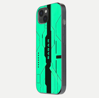 Aqua Tech CYBERPUNK Custom Name Glass Case for iPhone 15 Plus side-angle image with glowing edges and glossy surface