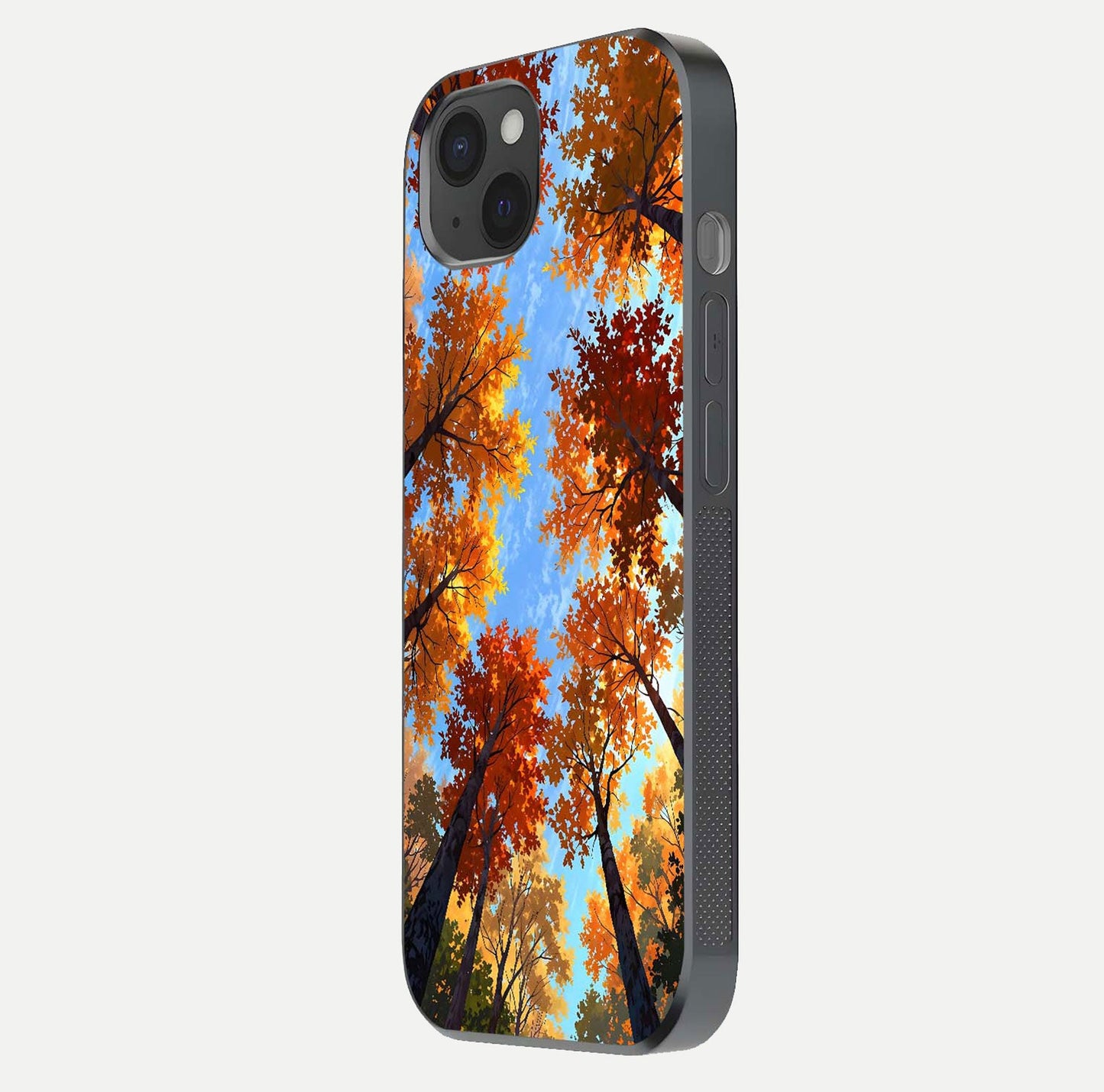 Autumn Sky Rise Glass Case for iPhone 15 Plus side-angle showing autumn art tones and protective corners