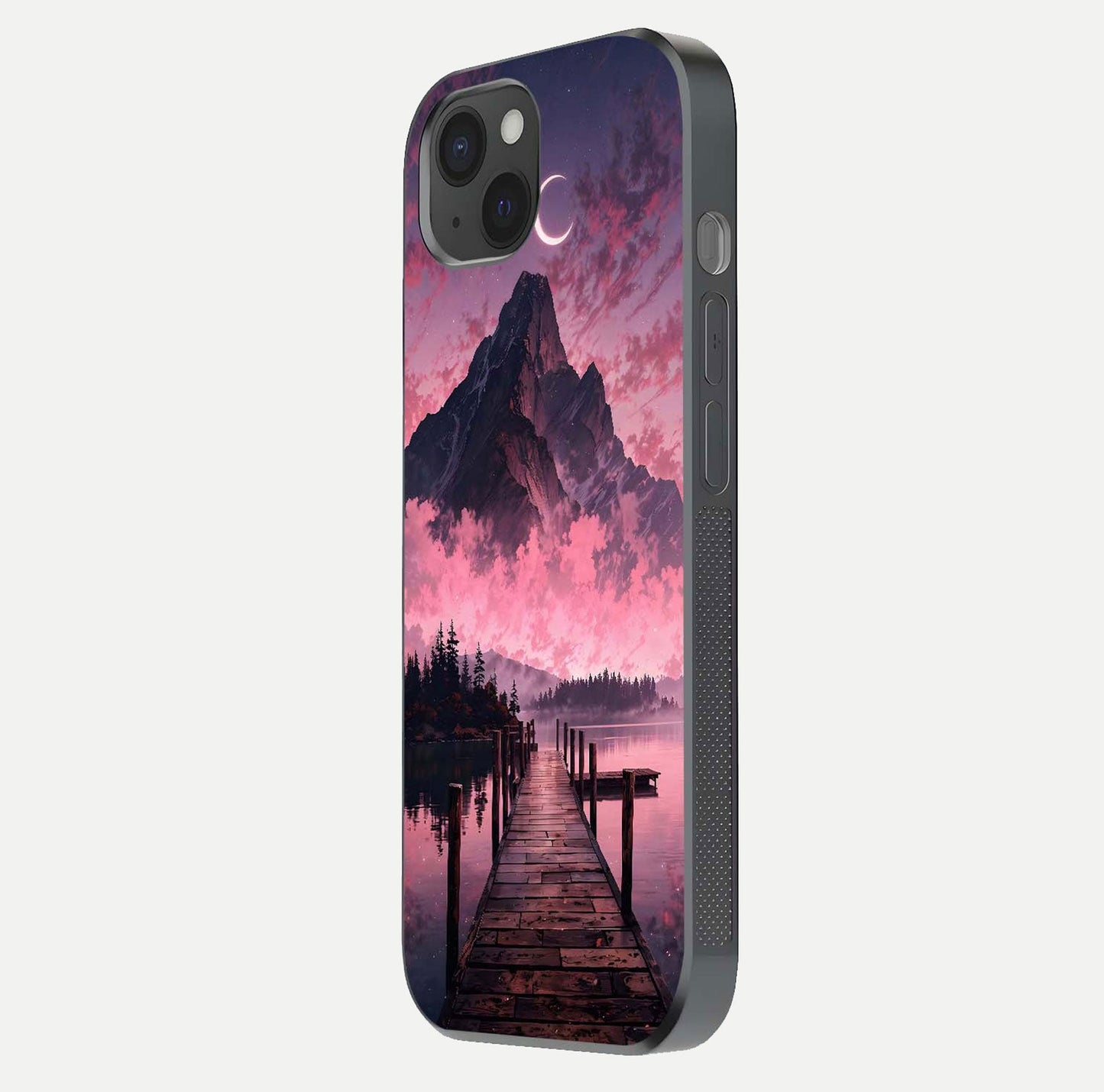 Beautyful Mountain View Glass Case for iPhone 15 Plus side-angle image displaying mountain artwork and gloss surface