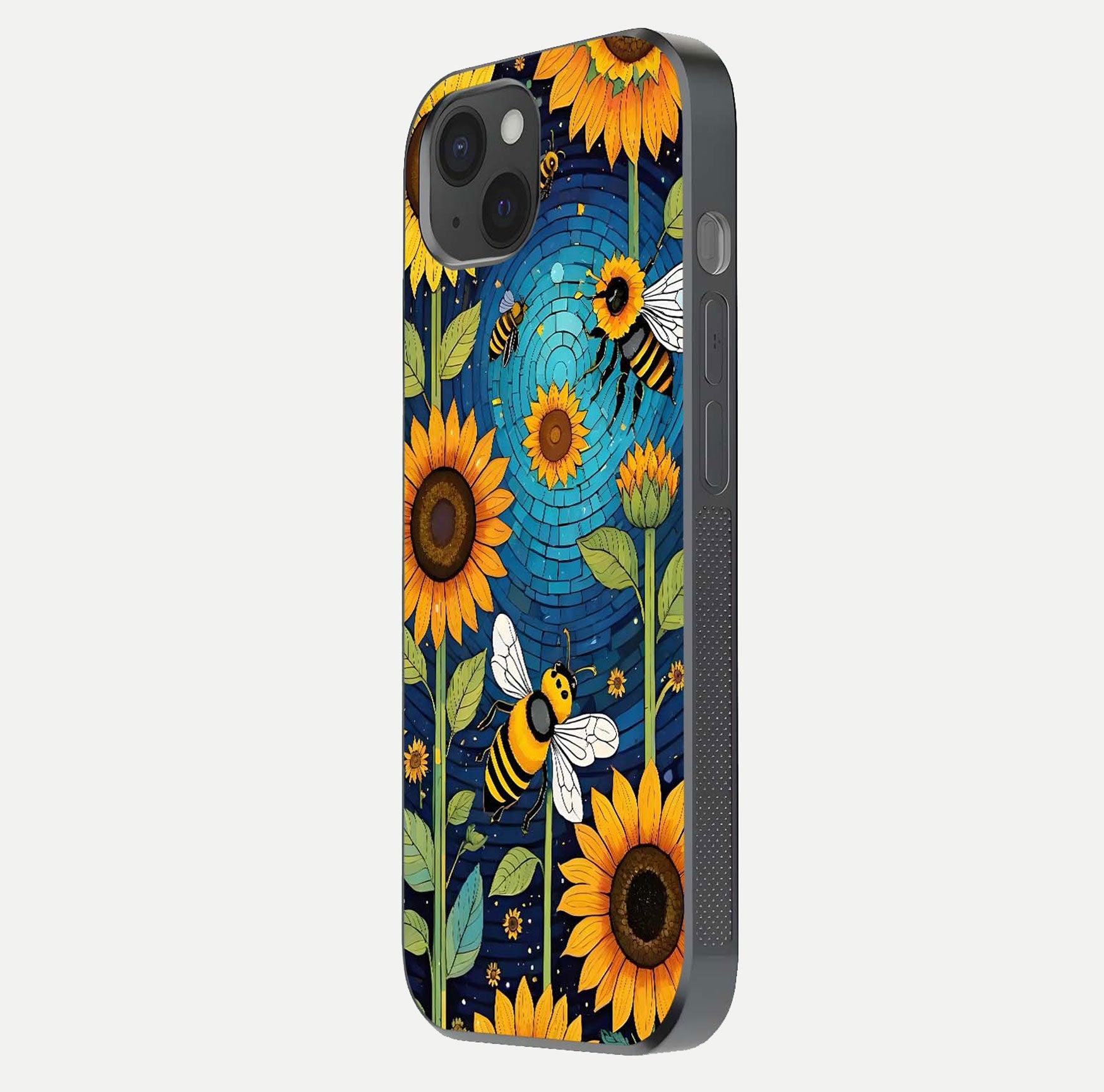 Bees & Sunflowers Glass Case for iPhone 15 Plus side-angle image showing bee pattern alignment and shiny protective surface