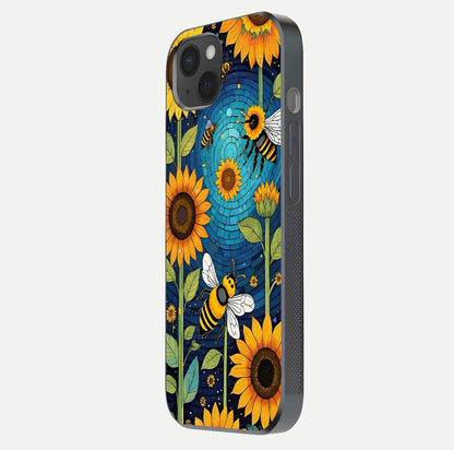 Bees & Sunflowers Glass Case for iPhone 15 Plus side-angle image showing bee pattern alignment and shiny protective surface